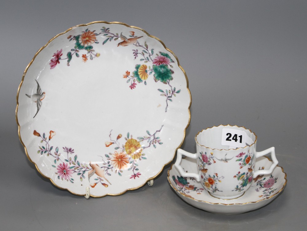 A rare Chinese export famille rose chocolate cup, trembleuse saucer and matching dish, Qianlong period,